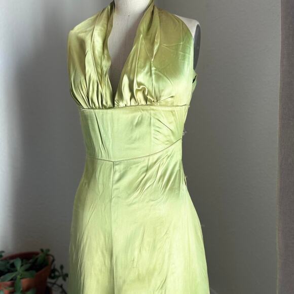 Women’s Medium Dress Chartreuse Satin Halter Gown Handmade Vintage Glam - Picture 1 of 6